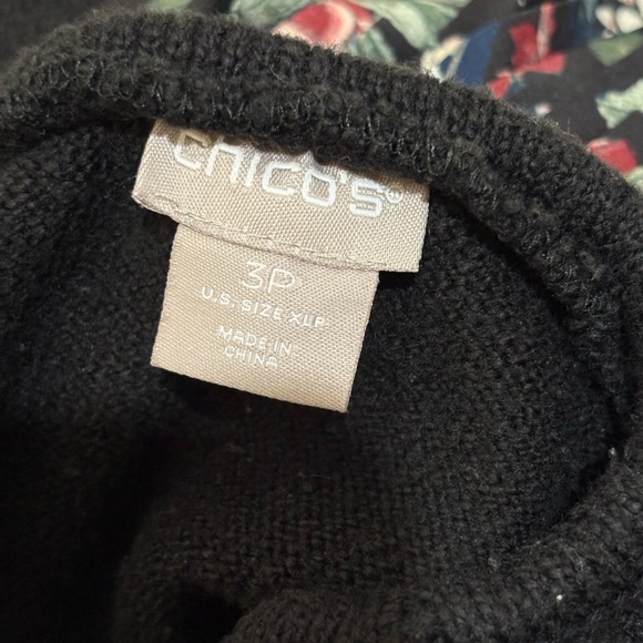 Chico's Black & Floral Knit Cotton‎ Pleated Sweater Blouse XL P - Picture 6 of 7